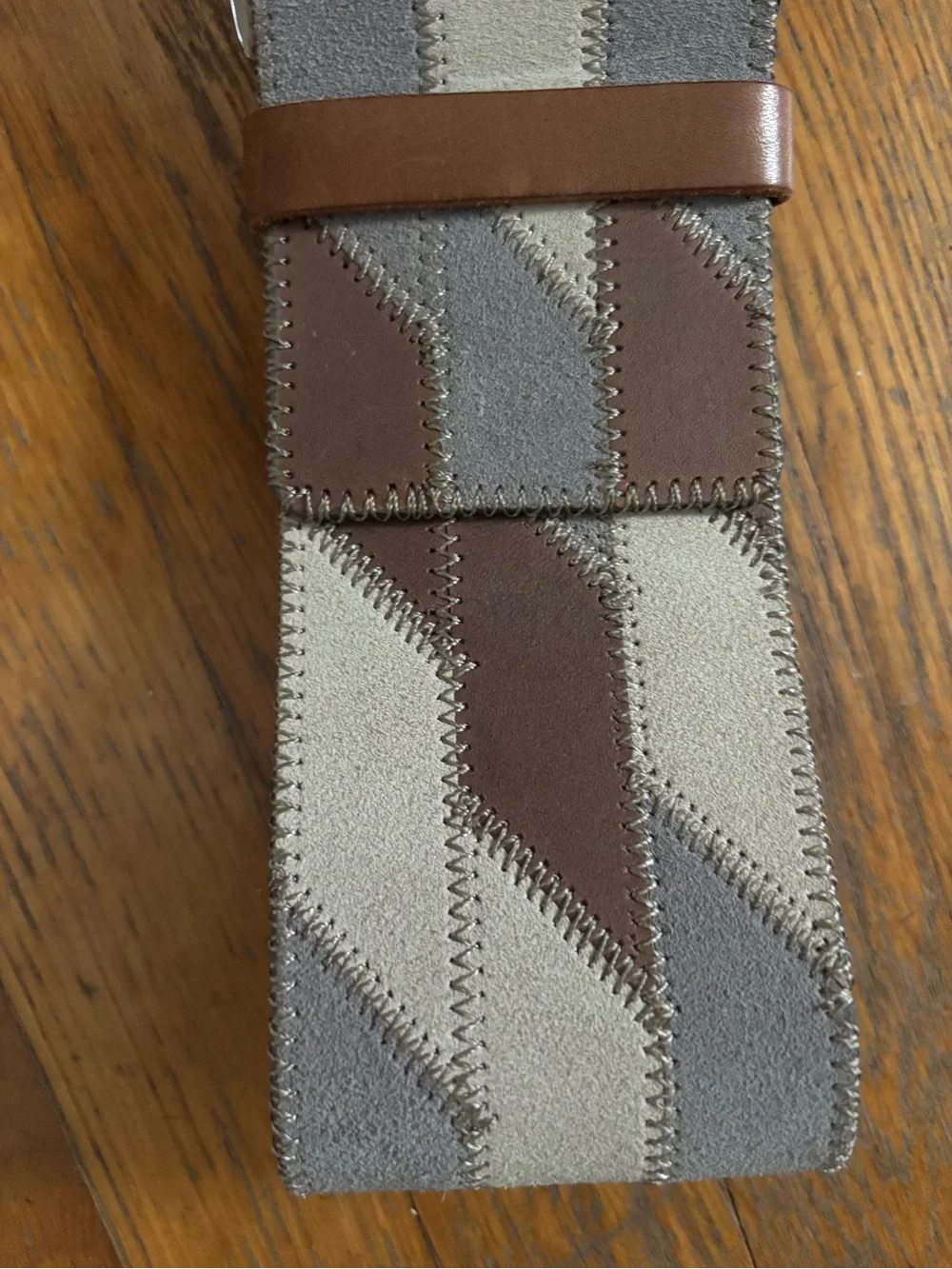 Linea Pelle  Striped Leather and Suede Wide High Waist Belt in Gray and Brown